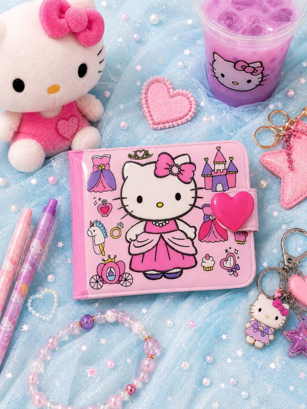 Sanrio Kawaii Style Vintage Hello Kitty Princess Wallet, Pink Heart Clasp